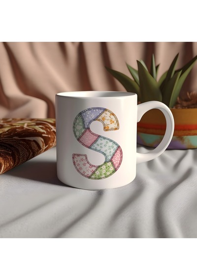 S Harfi Renkli Yamalı Tasarım Kupa Bardak - Bohem Patchwork Desenli Kupa - Etnik Hediyelik Beyaz