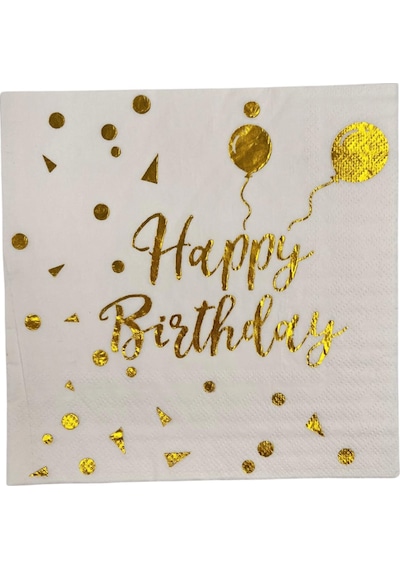Peçete Varaklı Happy Birthday Yazı Beyaz Üstü Gold