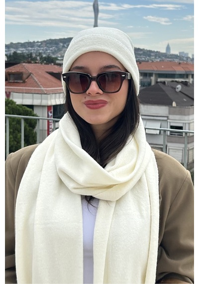 Mollycrush Kadın Kışlık Ekru Atkı Bere Seti Şık Örgü Set Ekru
