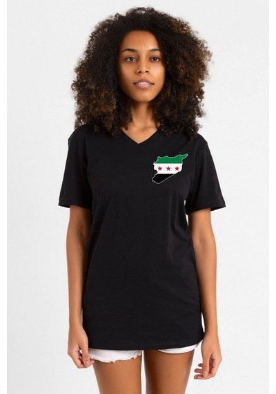 Suriye Yeni Bayrak Logo Siyah Kadın V Yaka Tshirt SIYAH