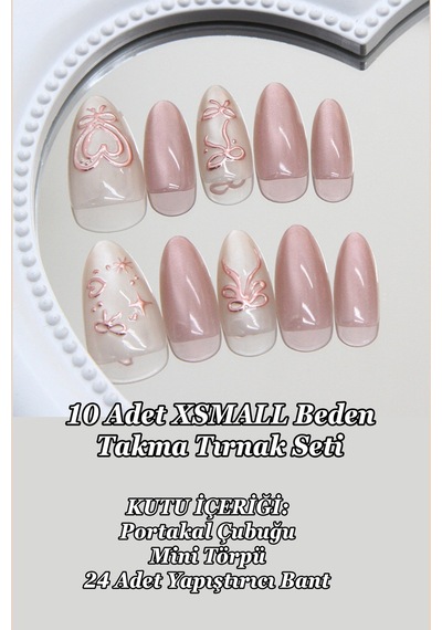 Xsmall Beden Uzun Badem Pembe Kalp Desenli 10 Adet Takma Tırnak Seti T104 Kalp Nail Art