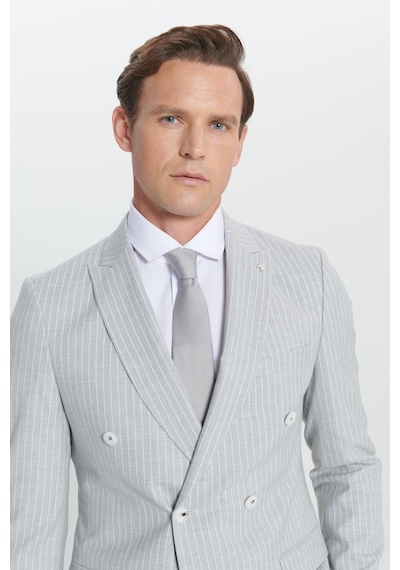 Ac&co Erkek Acık Grı Ekstra Slim Fit Kırlangıç Yaka Çizgili Takım Elbise Açık Gri