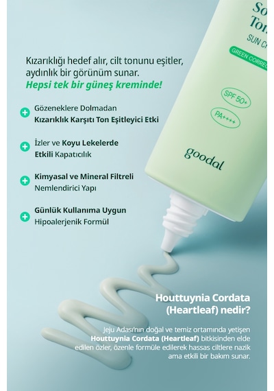 Kızarıklık Karşıtı Güneş Kremi Goodal Heartleaf Soothing Green Tone Up Sun Cream Spf50+ Pa++++