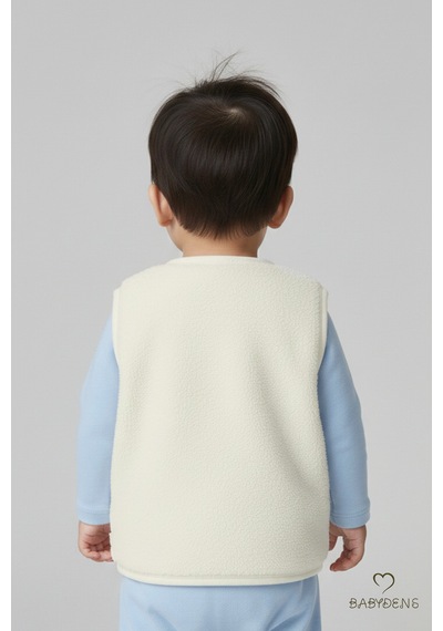 Babyden's Welsoft Erkek Bebek Çocuk Çıtçıtlı Yelek Ayıcık Armalı, Yumuşak Peluş Bebek Yeleği Ekru