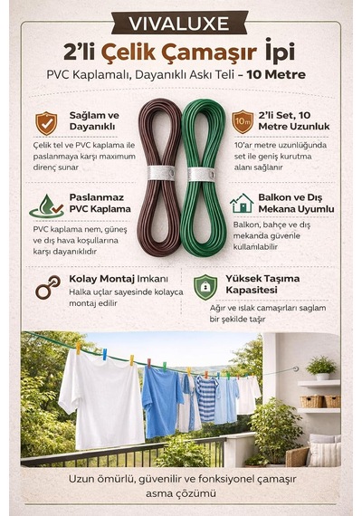 Ayrex 2'li Çelik Çamaşır İpi, Pvc Kaplamalı Paslanmaz Dayanıklı Askı Teli, 10 Metre, Balkon, Bahçe, Banyo Ve D Genel