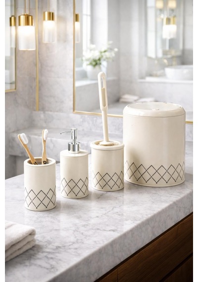 Geometrik Zikzak Desenli 4 Lü Banyo Seti Krem
