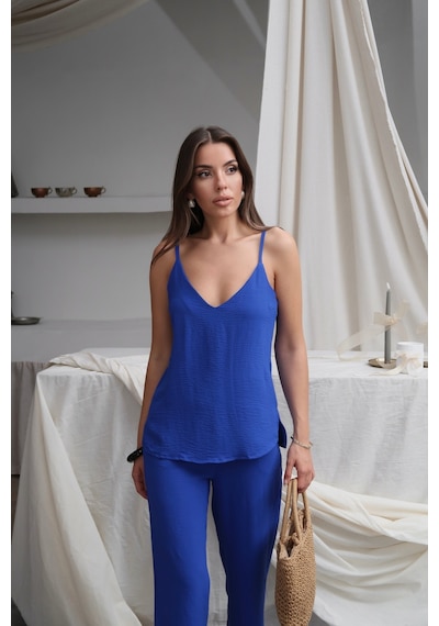 Paw Garage Kadın Shay Saks Ayrobin Ip Askılı Bluz Bol Paça Pantolon Takım, Yaz Yeni Sezon Mavi Paw Garage Kadın Shay Saks Ayrobin Ip Askılı Bluz Bol Paça Pantolon Takım, Yaz Yeni Sezon Mavi
