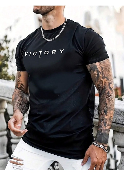 Victory Baskılı Süprem Siyah T-shirt - Oversize Bisiklet Yaka Tişört Siyah-280524
