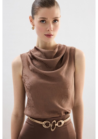 Sateen Degaje Yaka Bluz - Vizon-136756 VİZON