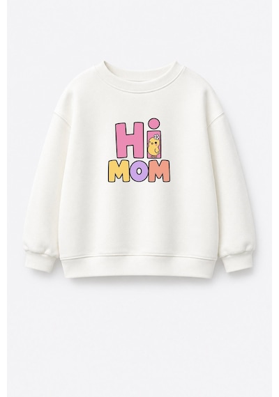 Monila Unisex Çocuk Pamuklu Bisiklet Yaka Mom/dad Baskılı Sweatshirt Ekru