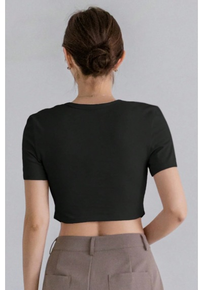 Kadın Crop Tişört Slim Fit Basic Kısa Kollu Yazlık Şık Üst Siyah