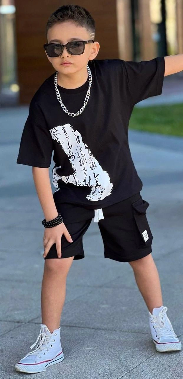 Cg Kids Kargo Cepli Şort Basic A Baskı Erkek Çocuk Alt Üst Takım Siyah