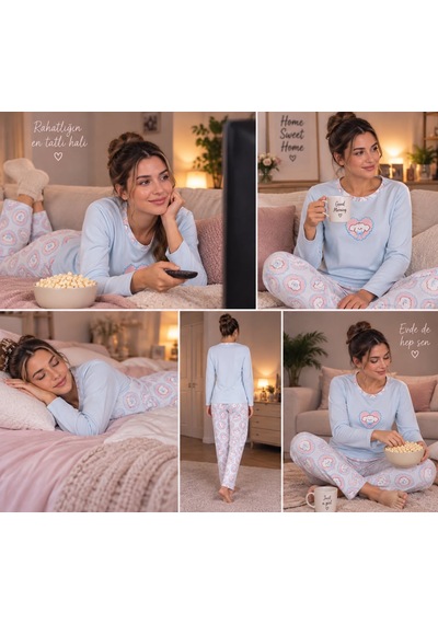 Seamlife Kadın Uzun Kollu Desenli Pijama Takımı Sevimli Desenli Ev Giyim Seti Açık Mavi Seamlife Kadın Uzun Kollu Desenli Pijama Takımı Sevimli Desenli Ev Giyim Seti Açık Mavi