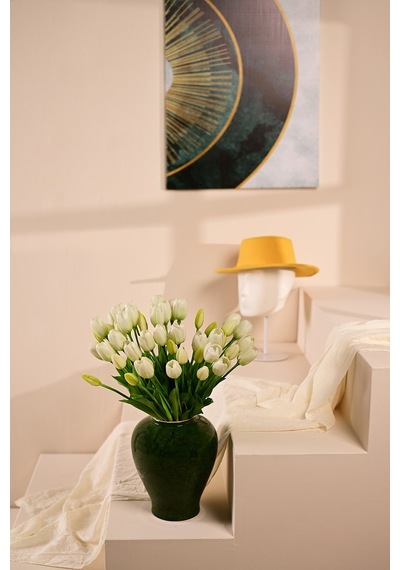 Beyaz Yapay Tulipa Lale Çiçeği Buketi 5 Dallı Premium Canlı Islak Dokulu 43 Cm