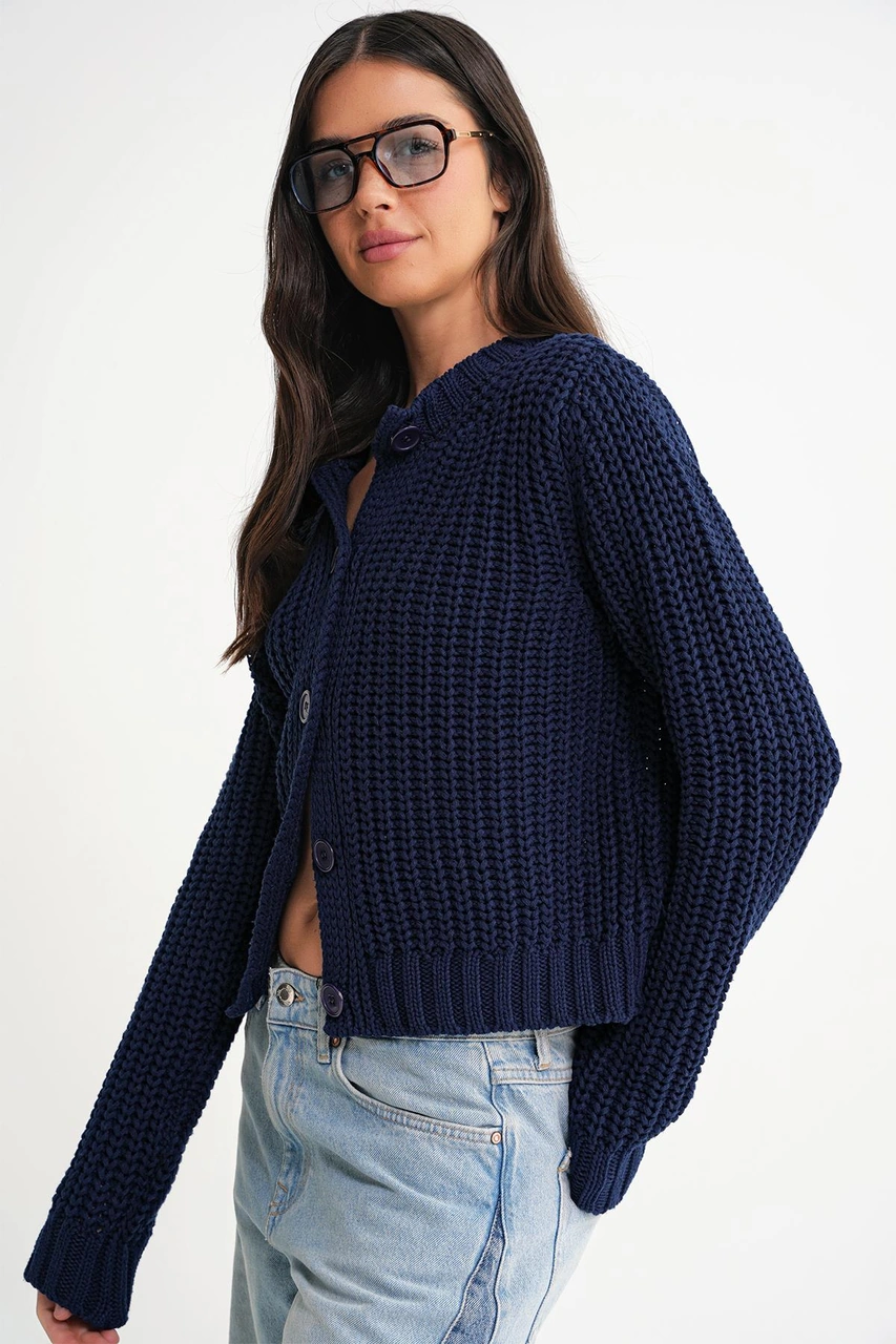 Mixray 6936 Kadın Selanik Düğmeli Regular Fit Triko Hırka Lacivert