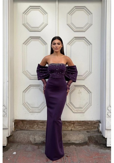 DefyModa Kadın Esnek Tül Kumaş Straplez Abiye Elbise Mor