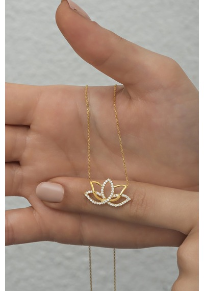 Nereze 925 Ayar Gümüş Gold Zirkon Taşlı Lotus Çiçeği Kolye
