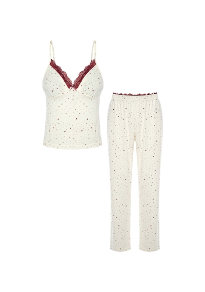 Koza İç Giyim Kadın Pamuklu Kaplı Askılı Dantelli Pijama Takımı Kk30131 Ekru - Bordo