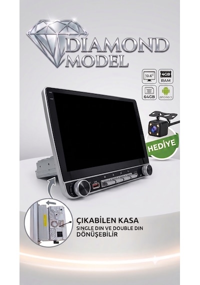 Kingwin 10.8 Inç Diamond Serisi Android Oto Teyp - 4gb Ram / 64gb - Single Din'den Double Din'e Dönüşebilen Multimedya Geri Görüş Kamerası  P1007 10.1"