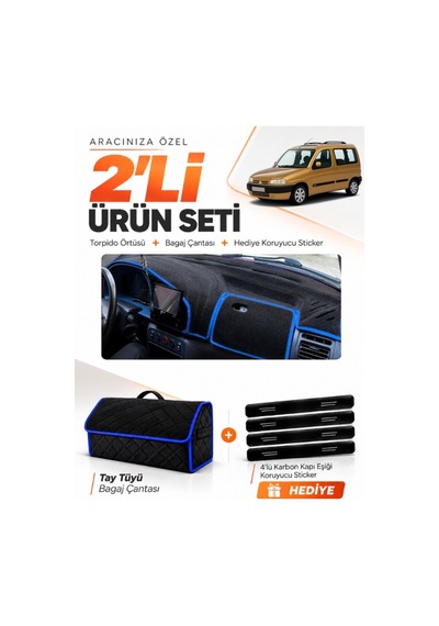 Cıtroen Berlingo M49 1996-2001 Uyumlu Torpido Örtüsü + Tay Tüyü Bagaj Çantası Seti - Siyah Mavi