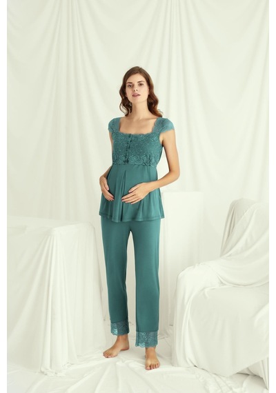 Monamise Kadın Dantelli Önü Düğmeli Hamile Lohusa 3'lü Pijama Takımı 18535-yeşil