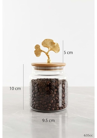 Altın Ginkgo Figürlü 3 Lü Cam Kavanoz Seti Bambu Kapaklı 635 Cc Saklama Kabı Çok Renkli