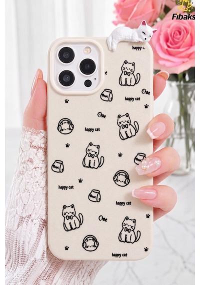 Fibaks iPhone 16 Pro Max Uyumlu Kılıf 3d Uyuyan Kedi Figürlü Happy Cat Desenli Darbe Emici Esnek Silikon Krem