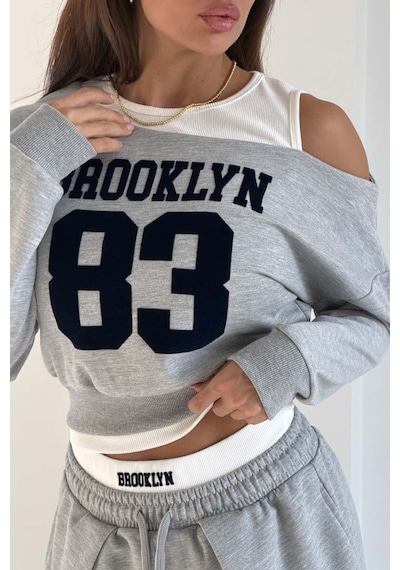 Extra Wide Ekstra Geniş Paçalı Bağcıklı Eşofman Alt Ve Düşük Omuz İki Parçalı Atletli Eyalet Abd Usa Yazı Baskılı 2 Parça Görünümlü Uzun Kol Sweatshirt Spor Mevsimlik Kadın Takım Gri