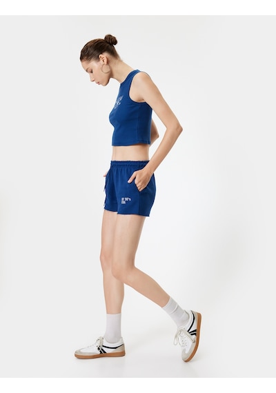 Koton Mini Şort Beli Bağcıklı Slogan İşlemeli Kesik Paça Slim Fit Cep Detaylı Lacivert 4sal40181ık Lacivert
