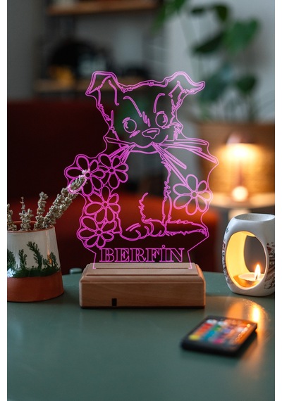 Kişiye Özel 3D Tatlı Köpek Ve Çiçekler Masaüstü Led Lamba