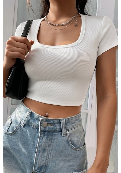 Beru Kadın Beyaz Yarım Kol Düz Yaka Crop Top Bluz L - XL