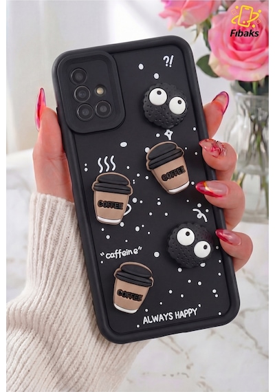 Fibaks Galaxy A51 Uyumlu Kılıf Tasarımlı Desenli Kamera Korumalı Coffee Kurabiye Siyah Yumuşak Silikon Kap