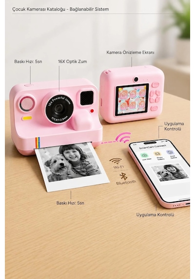 Çocuk Anında Baskılı Fotoğraf Makinesi 16mp Dijital Kamera 1080p Video Wifi Telefon Destekli