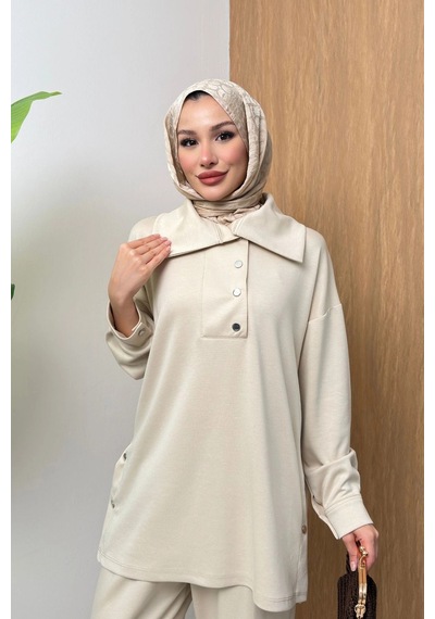 Mihran Butik Soho Elegance Yaka Detaylı Kadın Tesettür Alt Üst Takım Krem