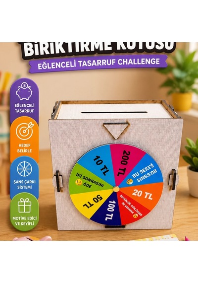 Şans Çarklı Ahşap Para Biriktirme Kutusu Eğlenceli Tasarruf Challenge Kumbarası 18453393