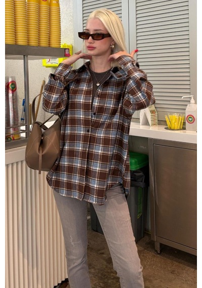 Madmext Bebe Mavisi Oversize Ekose Desenli Kadın Gömlek Mg2589 Bebe Mavisi