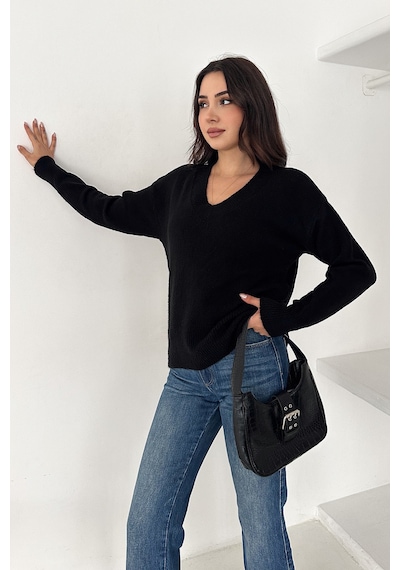 Noa & Noa Kadın V Yaka Triko Kazak Cozy Neutral Siyah