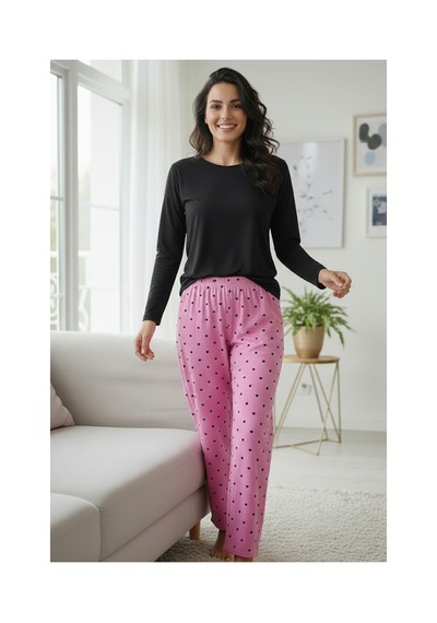 Siyah İnci Pamuklu Örme Pijama Takım 7975 Pembe Siyah Kalp Puan