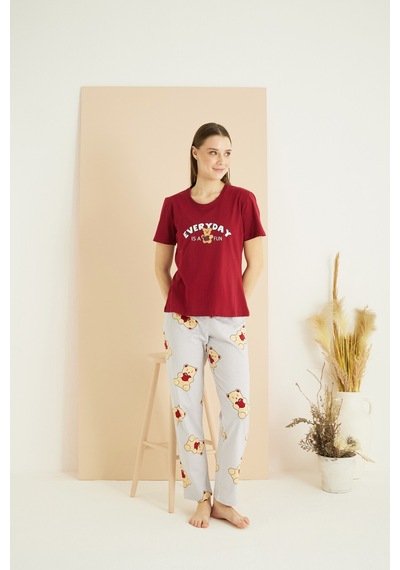 Siyah İnci Pamuklu Bisiklet Yaka Örme Pijama Takım25107132 Bordo