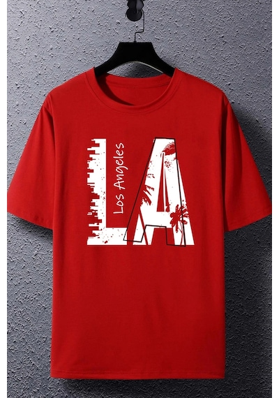 Unisex Los Angles Baskılı Tasarım Tshirt Kırmızı