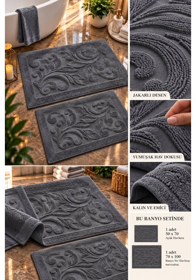 Bambu Jakar Desenli 2'li Banyo Seti Yumuşacık Tuşe Premium Dokuma %100 Bambu Antrasit - 945189930 Antrasit