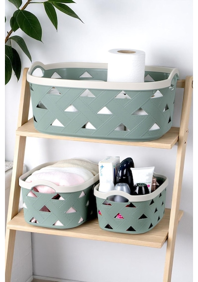 3lü Dekoratif Deri Görünüm Dolap İçi Düzenleyici Saklama Kutusu Mutfak Banyo Organizer Sepet Yeşil Sd5000set-3 Yeşil