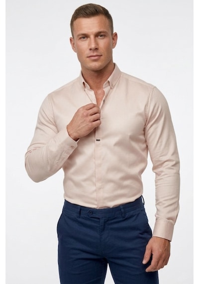 Deepsea Bej Slim Fit Likralı Kolay Ütülenebilir Gizli Düğmeli Erkek Gömlek 2602614