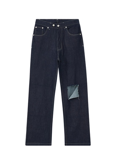 Reborn Society Düz Kesim Yırtık Denim Pantolon Koyu Mavi