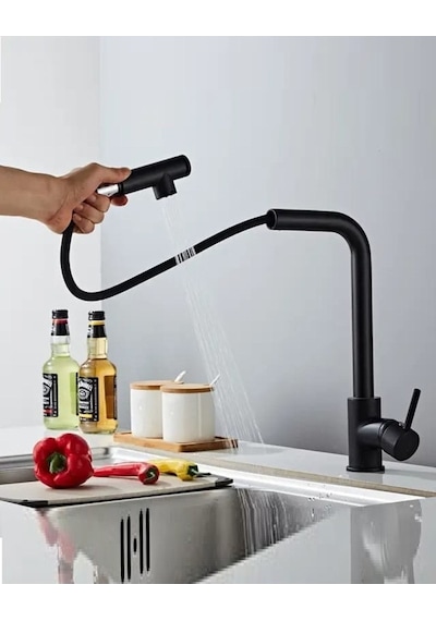 Rena Design Siyah Spiralli Mutfak Evye Bataryasi Çift Modlu Tasarruf Fonksiyonlu Mat Siyah Uzatmali Yeni Model
