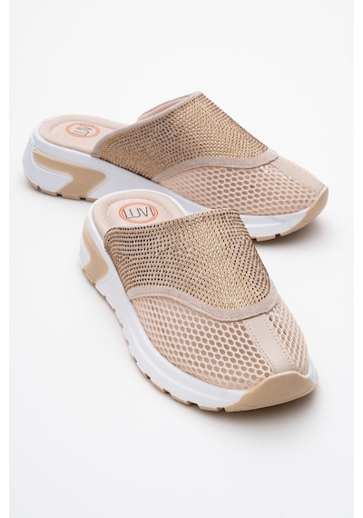 Luvishoes Glea Bej Taşlı Fileli Burnu Kapalı Kadın Terlik Bej