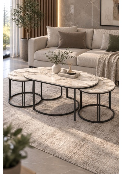 Sulorahome Efes Beyaz 3'lü Sehpa Seti Oval Mermer Desenli Metal Ayaklı Beyaz Mermer Sulorahome Efes Beyaz 3'lü Sehpa Seti Oval Mermer Desenli Metal Ayaklı Beyaz Mermer