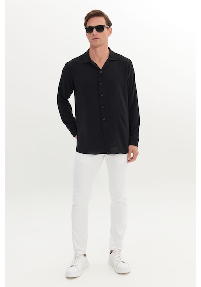 AC&Co / Altınyıldız Classics Erkek Sıyah Comfort Fit Rahat Kesim Hawai Yaka Jakarlı Gömlek Siyah