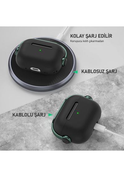 Airpods 4 Uyumlu Djpods Sert Malzemeli Dayanıklı Koruyucu Kilitli Kapak Askı Aparatlı Kılıf Siyah - Yeşil