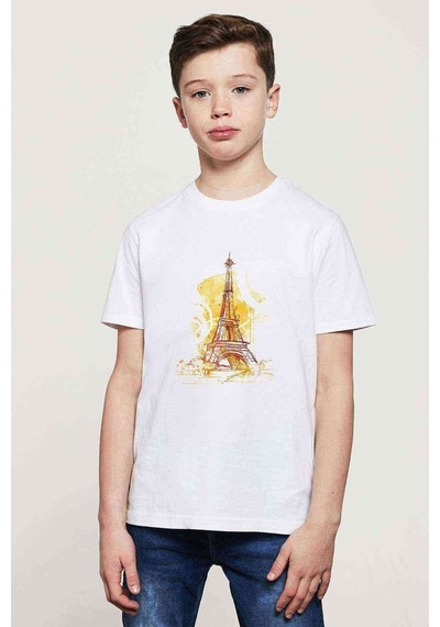 Tshirthane Watercolor Eiffel Tower Baskılı Unisex Çocuk Beyaz T-Shirt